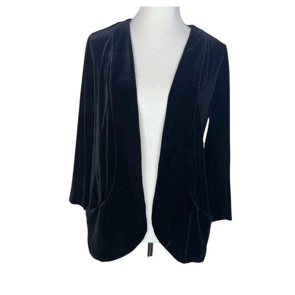 Lysse Womens Black Velvet Open Front Cardigan Blazer Jacket Mid Length Pockets S